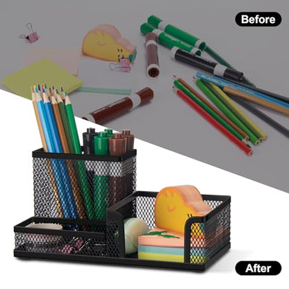 Comix Mesh Pen Pencil Holder Desk Organizer, 3 Compartment Wire Desktop Pen Pencil Cup Caddy Office Supplies Accessories for Home Office School, Black(2 Pack) - color: 3 Compartments-2pack