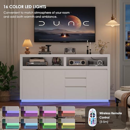 FACBOTALL 63" W Modern TV Stand, Large Entertainment Center with Storage Cabinets & Drawers, Media Console Cabinet up to 70 Inch with LED Lights & Power Outlet, TV Consoles for Living Room, White - color: White