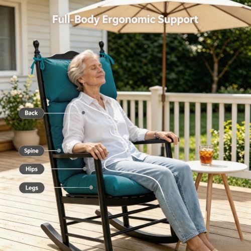 QILLOWAY Outdoor Rocking Chair Cushions Set of 2, 100% Polyester Waterproof Patio Rocking Chair Cushion, High Back Weatherproof Chair Pad for Adirondack & Outdoor Furniture, Peacock Blue - color: Peacock Blue