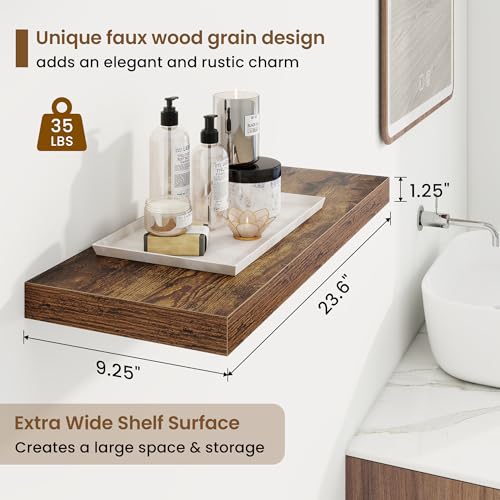 Marsmiles 24in Floating Shelves for Wall, 24" W x 9.25" D x 1.25" H, 2 Pack Long Wall Mounted Engineered Wood Shelves with Invisible Brackets for Living Room, Bedroom, Bathroom, Kitchen, Rustic Brown - color: Rustic Brown With Invisible Metal Brackets, si