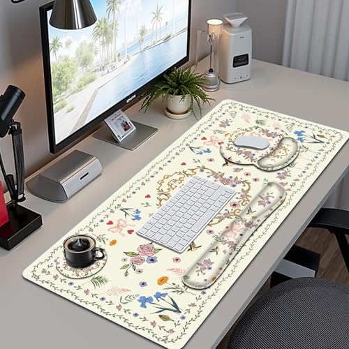 Off-White Mouse Pad, Cute Large Desk Mat Extended Nature Aesthetic Deskpad, 4 PCS Non-Slip Rubber Base Computer Mouse Pads for Work, Game, Office, Home Decor Gifts I Heart Bow & Floral Magpie - color: Heart Bow & Floral Magpie