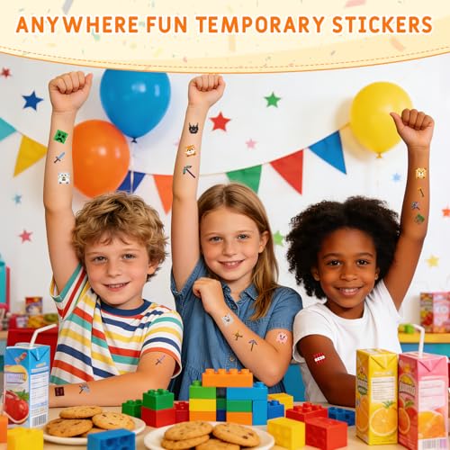 Magpixel Gift Bags with Handle: 16PCS Video Game Party Favor Bags, 54PCS Pixel Temporary Tattoos, Cartoon Paper Goodie Bags for Kids Birthday Christmas Holiday Decoration Classroom Treats
