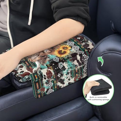 Wanyint Aztec Highland Cow Sunflower Car Center Console Cover Soft Armrest Cover Protector Wear-Resistant Non-Slip Middle Console Pad Protective Cover for Car Storage Box Universal Fit - color: Aztec Highland Cow Sunflower