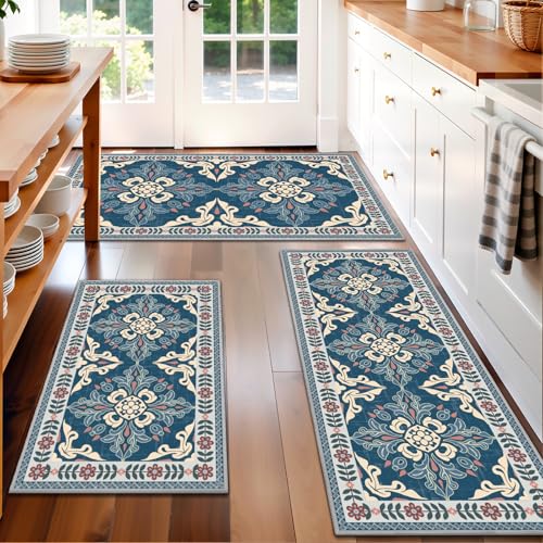 Kitchen Rugs Set of 3, Non-Slip & Washable Floor Mats, Water-Absorbent Area Pad, Standing Desk Mat for Office, Home, Doorway, Laundry, Kitchen Accessories (Retro Blue) - color: Retro Blue, size: 20"x32"+20"x48"+30"x50"