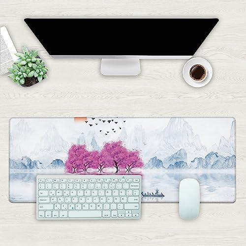 Desk Mat, Cherry Blossom Tree Oil Ink Painting Extended Gaming Mouse Pad Large, 31.5"x11.8" Big Mouse Pad with Non-Slip Base and Stitched Edge, Long Computer Keyboard Mouse Mat for Home Office Work - color: Cherry Blossom Tree Oil Ink Painting, size: 11.8