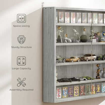 HOMCOM 5-Tier Display Cabinet, Glass Door Cabinet with Adjustable Shelves, Wall-Mounted Display Case for Playroom, Bedroom, Gray - color: Grey