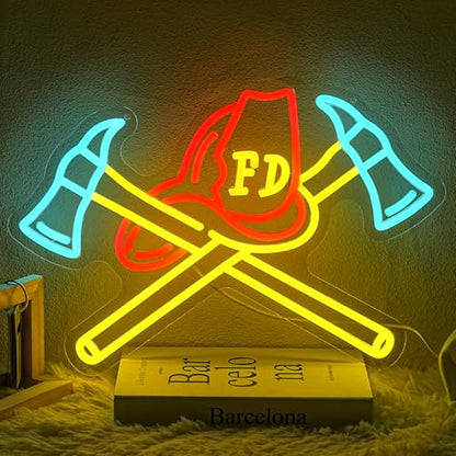 Firefighter Helmet Neon Sign Firefighter Hat LED Light Axe Wall Art for Rescue Room Firefighter Hat Sign for Fire Department Bedroom Fire Station Bushiness Shop Beer Bar Man Cave - style: firefighter helme