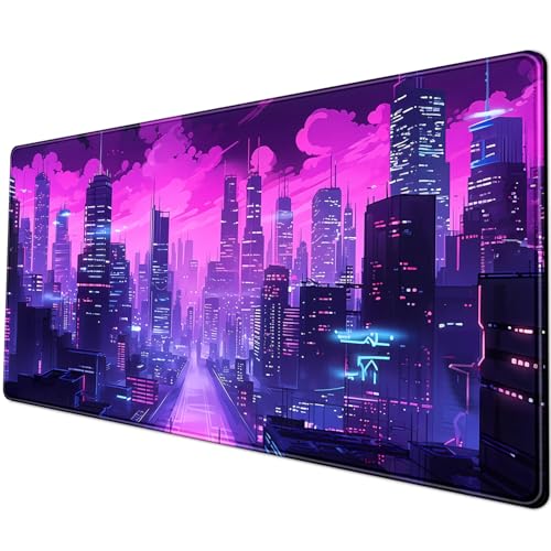 Desk Pad Cyberpunk Purple Desk Mat City Skyline Gaming Extended Mouse Pad Big Office Keyboard Pc Laptop for Women Large Mousepad with Stitched Eges Non-Slip Base Mouse Keyboard Mat 31.5x11.8 in - color: C-purple Clouds
