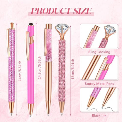 Sabary 8 Pcs Shiny Pink Pens with Pen Holder for Desk Glitter Crystal Diamond Cute Ballpoint Fancy Pencil Holder Bling Desk Organizer for Women Girls School Office Supplies Wedding Graduation Gifts - color: Shiny Pink