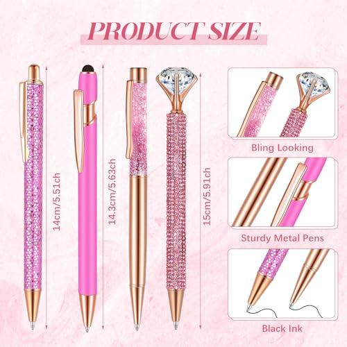 Sabary 8 Pcs Shiny Pink Pens with Pen Holder for Desk Glitter Crystal Diamond Cute Ballpoint Fancy Pencil Holder Bling Desk Organizer for Women Girls School Office Supplies Wedding Graduation Gifts - color: Shiny Pink
