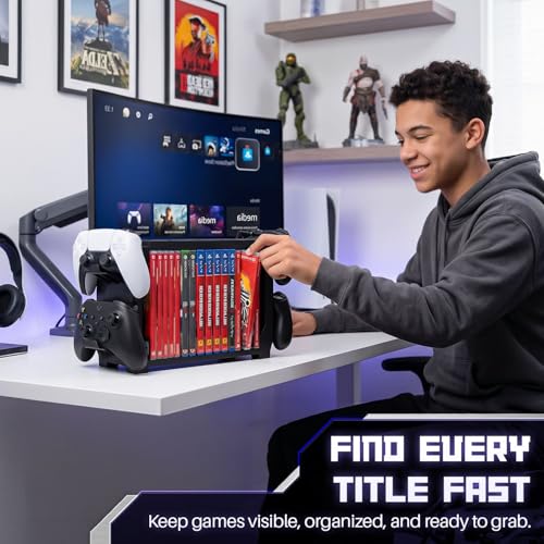TNP Games Storage Tower (Up to 15 CD Disc) For PS5 Game Disk Rack and Controller Stand Holder For Xbox Series X/Nintendo Switch/PS4 Controller Stand Holder Can hold up to 4 controller