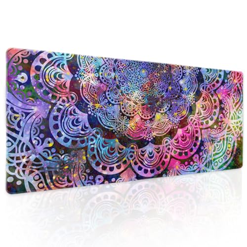 Purple Mandala Gaming Mouse Pad XL Pink Blue Green Abstract Art Extended Big Large Desk Mat Non-Slip Rubber Base Stitched Edge Long Keyboard Mousepad for PC Computer Laptop,31.5×11.8 in - color: Purple Flower, size: X-Large