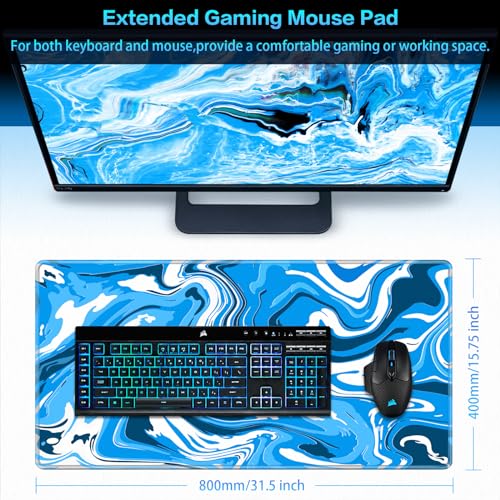 Canjoy Gaming Mouse Pad, Fluid Pattern Mouse Pad 31.5x15.7inch Large Extended Computer Mouse Mat Keyboard Full Desk Mousepad for Gaming, Office, Home - color: Blue-White Fluid, size: 800*400mm
