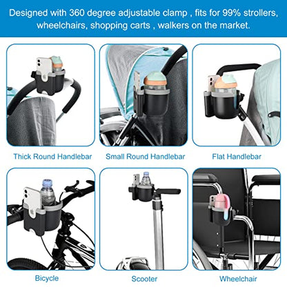 Accmor Stroller Cup Holder with Phone Holder, Bike Cup Holder, Universal Cup Holder for Uppababy Nuna Doona Strollers, 2-in-1 Cup Holder for Walker, Wheelchair, Scooter - color: Mix Grey