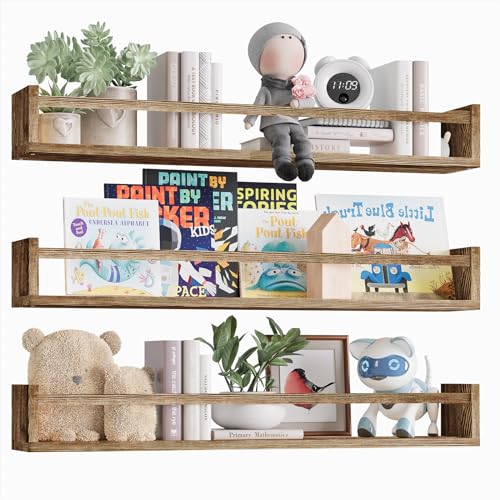 Fixwal Nursery Book Shelves for Kids Rooms, 23.6 Inch Floating Bookshelves for Wall Set of 3, Baby Nursery Decor, Solid Wood Wall Mounted Shelves for Books (Brown) - color: Brown, size: 23.6inches