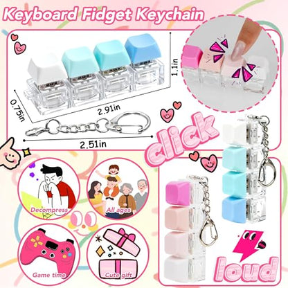 2 PCS 4-in-1 Keyboard Fidget Toy Keychain, Finger Clicky Button Toy Stress Relief Keychain with Swappable Keycaps, Mini Mechanical Key Fidget for Office Desk Focus Gifts (Blue Rose Pink White) - color: Blue Rose Pink White