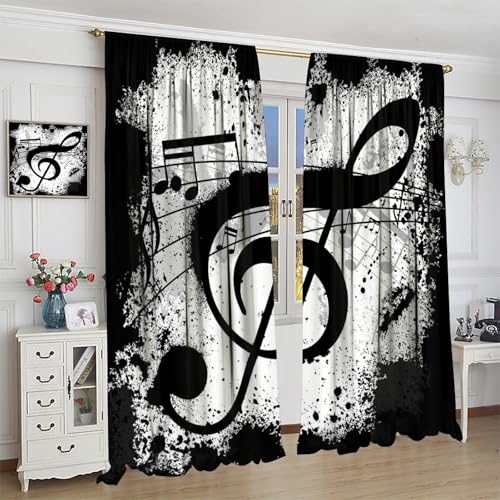 Music Note Curtains, Rustic Black White Musical Notes Theme Print Window Treatments Drapes for Bedroom Living Room Apartment 42" W X 45" L(No Blackout) - color: Musical-5, size: 20.5"W x 45"L (Pack of 2)