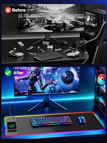 Wireless Charging Mouse Pad Gaming, 31.5"x15.8" Large Desk Mat, Waterproof | RGB Mousepad, Smooth Glide, Stitched Edge, Non-Slip Rubber Base, Desk Pad Computer Keyboard Mat, No Adapter