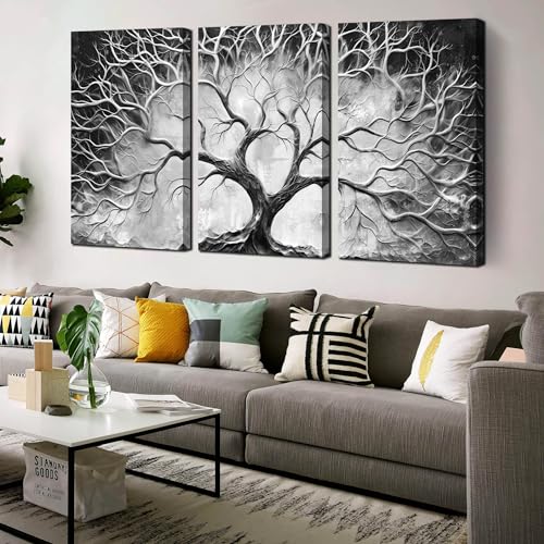 CIRABKY Tree Wall Pictures for Living Room - Black and White Wall Art for Office Decor - Modern 3 Piece Wall Art for Bedroom Size 24" x 36" - color: Black and White, size: 36"L x 24"W x 3 PCS