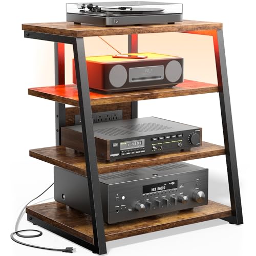 Besiost AV Media Stand with Outlets, Media Console with LED Lights, Stereo Racks and Stands with Storage Shelves, Media Audio Tower Cabinet, Rustic Brown - color: Rustic