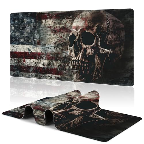 American Flag Skull Desk Mat Large Mouse Pad Gaming Mousepad 31.5 x 15.8 in | Desk Pad for Keyboard and Mouse, Large Non-Slip Rubber Base Mousepad Desk Mat with Stitched Edges for Gaming Office - color: American Flag Skull