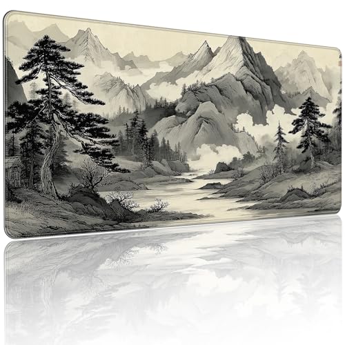 35.4 x 15.7 Inches Chinese Ink Painting Mountain Landscape Gaming Mouse Pad, XXLExtended Desk Mat with Non-Slip Rubber Base - color: With Chinese Ink Painting Mountain Landscape Design