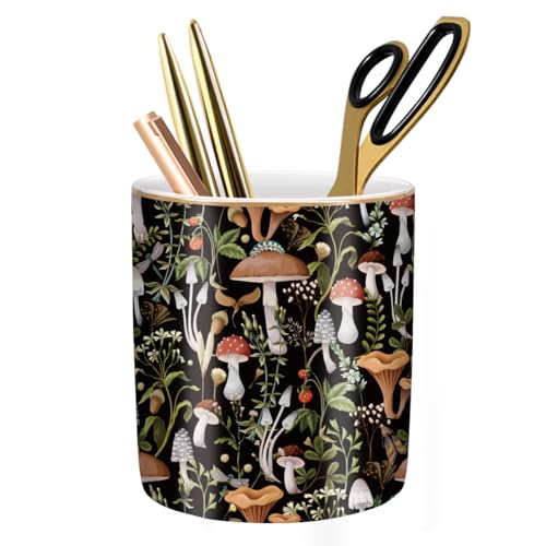 Pen Pencil Holder for Desk, Ceramic Pen Cup Cute Makeup Brush Holder, Unique Desk Multifunctional Pens Organizer for Home, Office, Mushrooms Pattern - color: Mushrooms Pattern