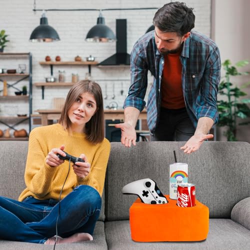 3 Hole Couch Bed Cup Holder Pillow, Keep Drinks Hand Side and KeepTemp, Prevent Spills, Use Anywhere - for Bed, Camping, RV, Car, Beach. Orange - color: Orange, size: 9.4" x 9.4" x 3.9"