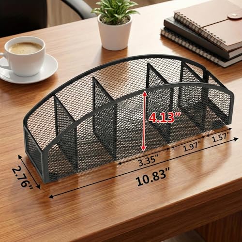 5-Tier Desk Organizer & Pen Holder, Large-Capacity Metal Mesh Pencil Cup, Cute Aesthetic Desktop Caddy for Markers, Art Supplies, Makeup Brushes, Black