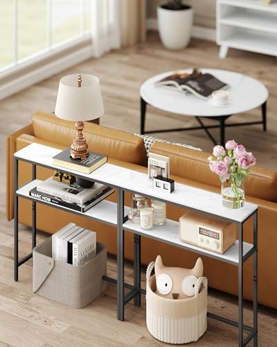 VASAGLE Console Table, 2-Tier Narrow Sofa Table with 2 Shelves, 7.9 x 31.5 x 31.5 Inches, for Living Room, Hallway, Entryway, Marble White and Ink Black ULNT130W59V1 - color: Marble White + Ink Black, size: 31.5"W - Without Power Outlet