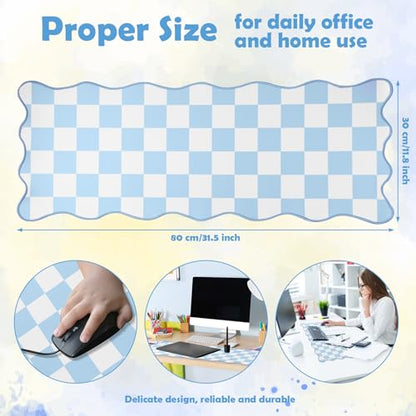 Copkim 1 Pcs Blue Scalloped Checkered Desk Mat 31.5 x 11.8 Inch Large Cute Mouse Pad Computer Mat Non Slip Waterproof Rubber Base with Border Stitching Soft Keyboard Pad for Home Office Gaming Makeup - color: Blue, style: Checkered