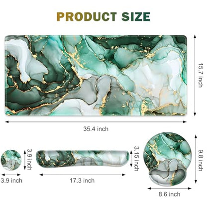 Gaming Mouse Pad, Large Desk Mat, Cute Desk Pad Protector, 4in1 XXL Mousepad + Keyboard Wrist Rest+Mouse Wrist Rest+Coaster Set with Ergonomic Desk Pad for Home Office PC Computer, Green Marble - color: Green Marble