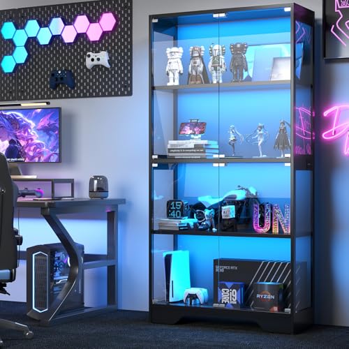 knoworld Display Cabinet with Glass Doors, 63" Tall Curio Cabinet with Human Sensor RGB LED Lights, 4-Tier Glass Display Case with 15mm Thick Shelves for Action Figures, Collectibles, Books - Black - color: Black