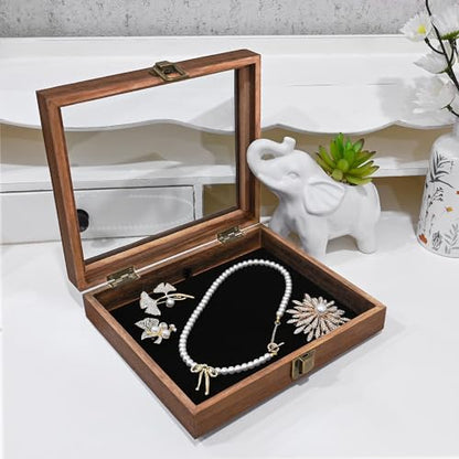MOOCA Tempered-Glass Top 2 pieces Set Small Wooden Jewelry Display Case with Removable Black Luxurious Velvet Jewelry Display Pad, Deeper 2.2" Design for Collectibles, Brown Color. - color: Brown With Velvet Pad, 2 pieces
