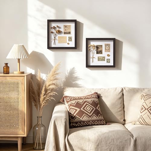 Picrit 10x10 Shadow Box Frame Set of 2, Display Case Box with High Definition Real Glass and Black Back for Memorabilia, Baby Items, Wedding Memories, Crafts, Tickets and Photos, Brown - color: Brown, size: 10x10-2P