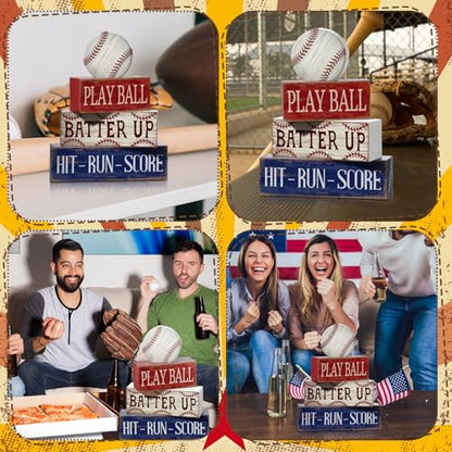 Yuntau 4 Pcs Baseball Decorations Sport Stacked Wooden Sign Baseball Centerpieces for Tables Tiered Tray Decor Decorative Block Sign for Summer Nights Boys Room Shelf Fans Coffee Gifts - style: Baseball