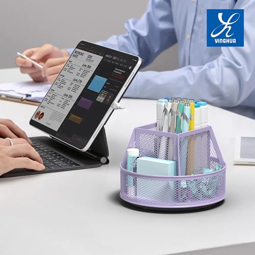 YINGHUA Metal Mesh Desk Organizer with 5 Compartments and Rotating Pencil Holder Pen and Stationery Organizer for Office Home School Anti Slip Base Purple - color: Purple