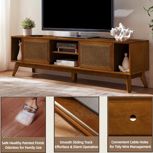LKTART 68 Inch Mid Century Modern TV Stand with Rattan Doors,MCM Entertainment Center Media Console for 60/65/70/75 inch TVs,Long Boho Television Stand for Living Room,Light Walnut - color: 68" Light Walnut