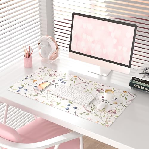 QIYI Floral Mouse Pad, Large Desk Mat for Desktop, Women Girls Watercolor Flowers Office Décor Desk Accessories, PU Leather Waterproof Gaming Mousepad, Wildflowers Desk Pad Computer Mat, 31.5" x 15.7" - color: Delicate Branches, size: 31.5" x 15.7"