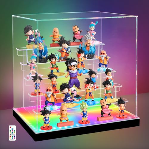 Acrylic Display Case with RGBW LED Light, 6 Tier Clear Display Box, Dustproof Display Cabinet Shelf for Action Figures and Collectibles, Mini Toys, Assembly Showcase (15.35x11.81x14.96in) - size: 6 Tier 15.35x11.81x14.96in