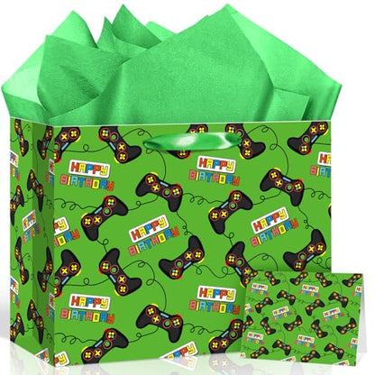 Large Video Game Birthday Gift Bag with Wrapping Tissue Paper and Greeting Card Green Gaming Controller Present Wrapping Bag for Boys Kids Teens Gamers Happy Birthday Party Supplies Gifts Son Grandson