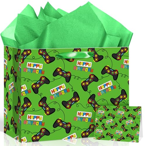 Large Video Game Birthday Gift Bag with Wrapping Tissue Paper and Greeting Card Green Gaming Controller Present Wrapping Bag for Boys Kids Teens Gamers Happy Birthday Party Supplies Gifts Son Grandson