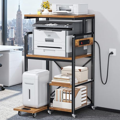 POKIPO Large 4 Tier Printer Stand, 26.7 x 21.2 x 50.2 Inches Tall Printer Cart with Power Outlets 4-Adjustable Heavy Duty Rolling Shelf for Home Office Kitchen Stand for Paper Shredder Mini Fridge