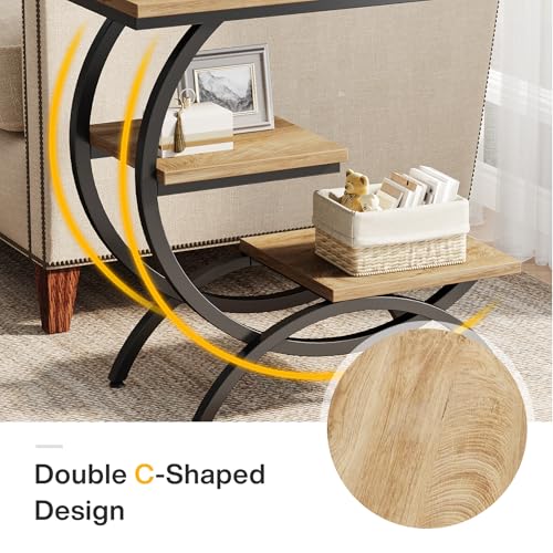 Tribesigns C-Shaped End Table, 3-Tier Industrial Sofa Side Table with Curved Metal Frame for Living Room, Bedroom, Couch, Small Space, Light Brown - color: Light Brown
