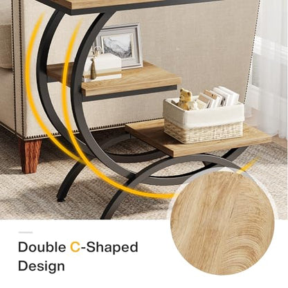 Tribesigns C-Shaped End Table, 3-Tier Industrial Sofa Side Table with Curved Metal Frame for Living Room, Bedroom, Couch, Small Space, Light Brown - color: Light Brown