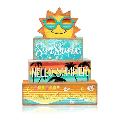 Britimes 4 Pcs Summer Wooden Tiered Tray Decor Set, Summer Sunshine Table Decor Ocean Beach Farmhouse Rustic Wooden Coffee Table Centerpieces for Home kitchen Office Decorations (Sunshine Style) - style: Sunshine