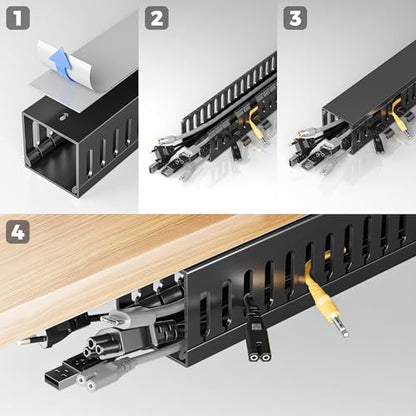 Yecaye 62.8in(4x15.7in) No-Drill Large Cable Management, Under Desk Cord Organizer with Adhesive, Open Slot Cable Raceway for Home/Office/Network, Black - size: 62.8in L* 1.96in W* 1.96in H