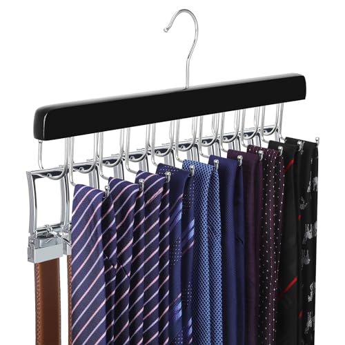 TOPIA HANGER 20 Hooks 2 in 1 Belt Tie Hanger for Closet Max 30 Belts with 30 Ties Capacity, Belt Tie Racks Wooden Hanger for Closet Organizer Storage “U” Fit for Belt and “一” Fit for Tie - CT47B - color: Black