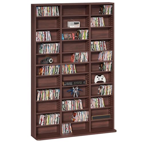 11 Tier Tall Display Cabinet, Walnut Media Storage Cabinet with Adjustable Shelves, Free Standing DVD Organizer Shelf, Floor multimedia storage manga bookshelf for Living Room & Home Office. - color: Walnut, size: 11-Tier
