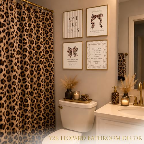 LARTSFRO Coquette Leopard Bow Jesus Wall Art Decor Posters, Y2K Cheetah Leopard Bow Room Bedroom Bathroom Dorm Wall Art Decor Aesthetic for College Teen Girls Gifts, Inspirational Bible Verses Bow Wall Decor, 10x8 Inch Set of 4 Pcs Cheetah Bow Pictures (U